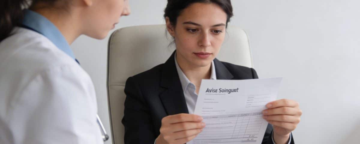 aide soignante assise examinant fiche de paie