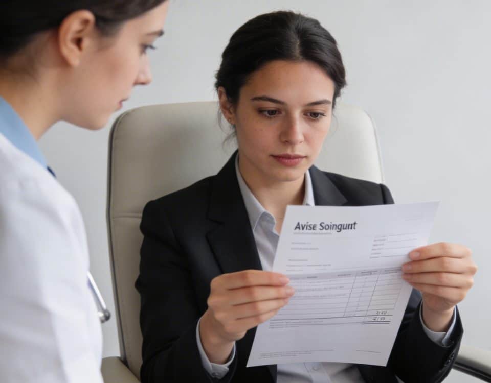 aide soignante assise examinant fiche de paie