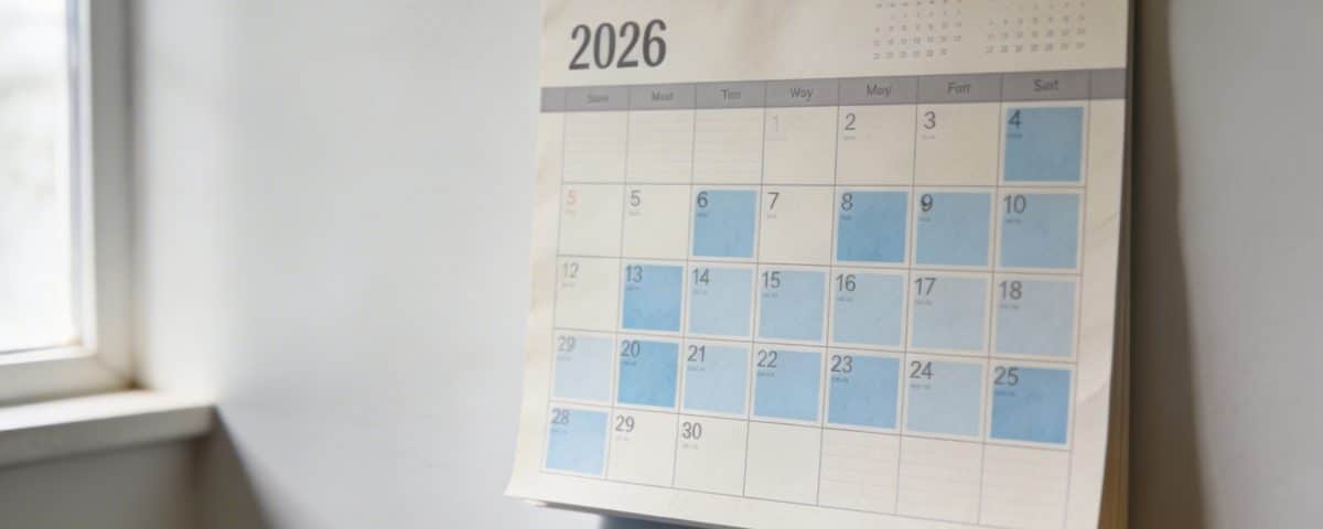 calendrier mural 2026 avec jours de travail surlignes