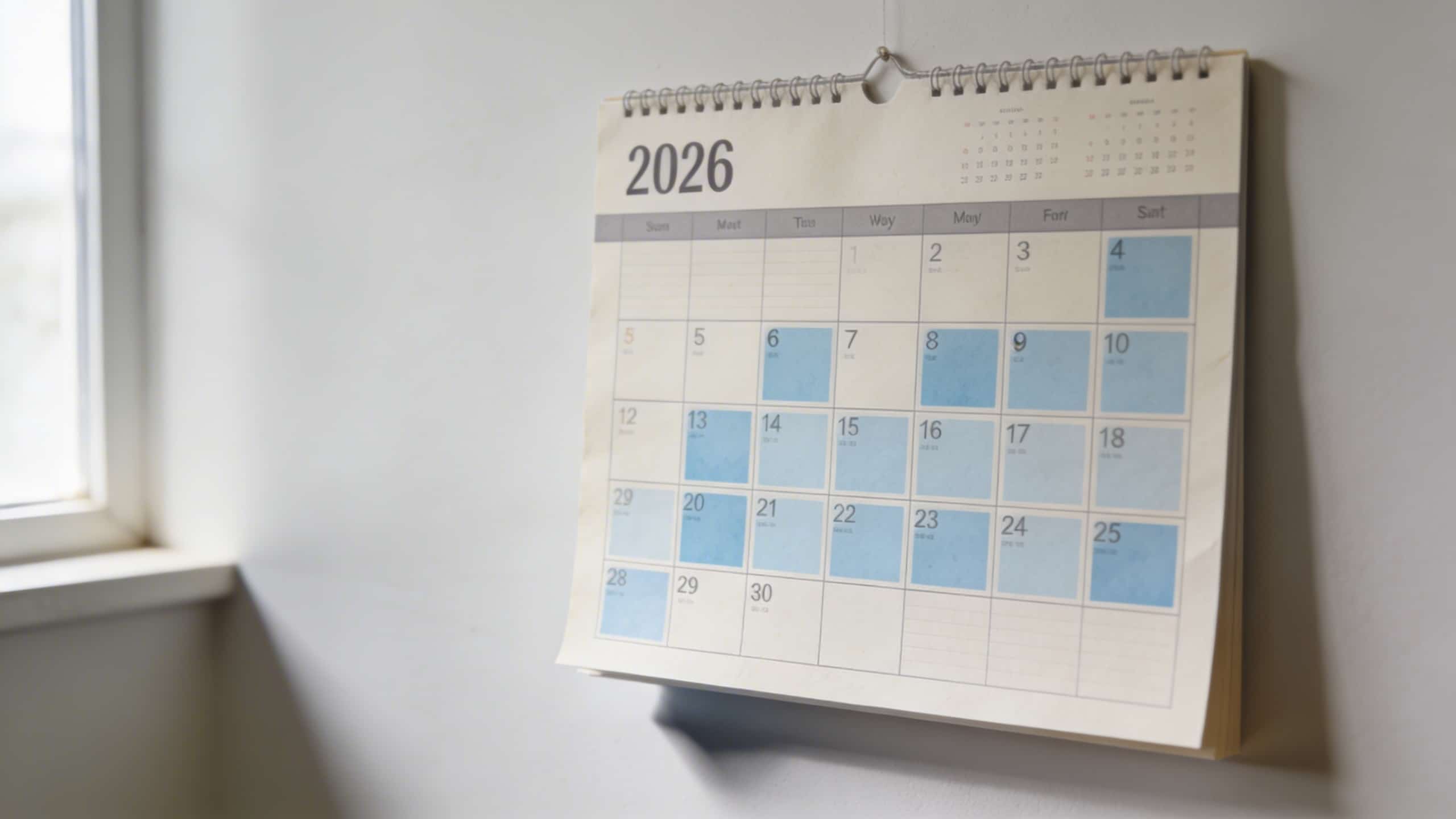 calendrier mural 2026 avec jours de travail surlignes