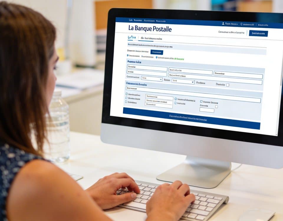 Client assis devant ordinateur remplissant formulaire en ligne La Banque Postale