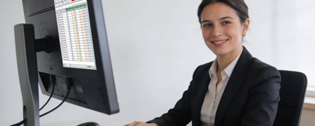 Comptable suisse souriant assis devant ordinateur moderne