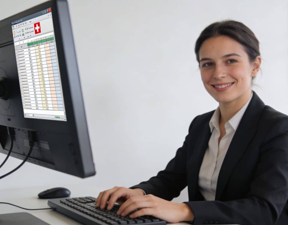 Comptable suisse souriant assis devant ordinateur moderne