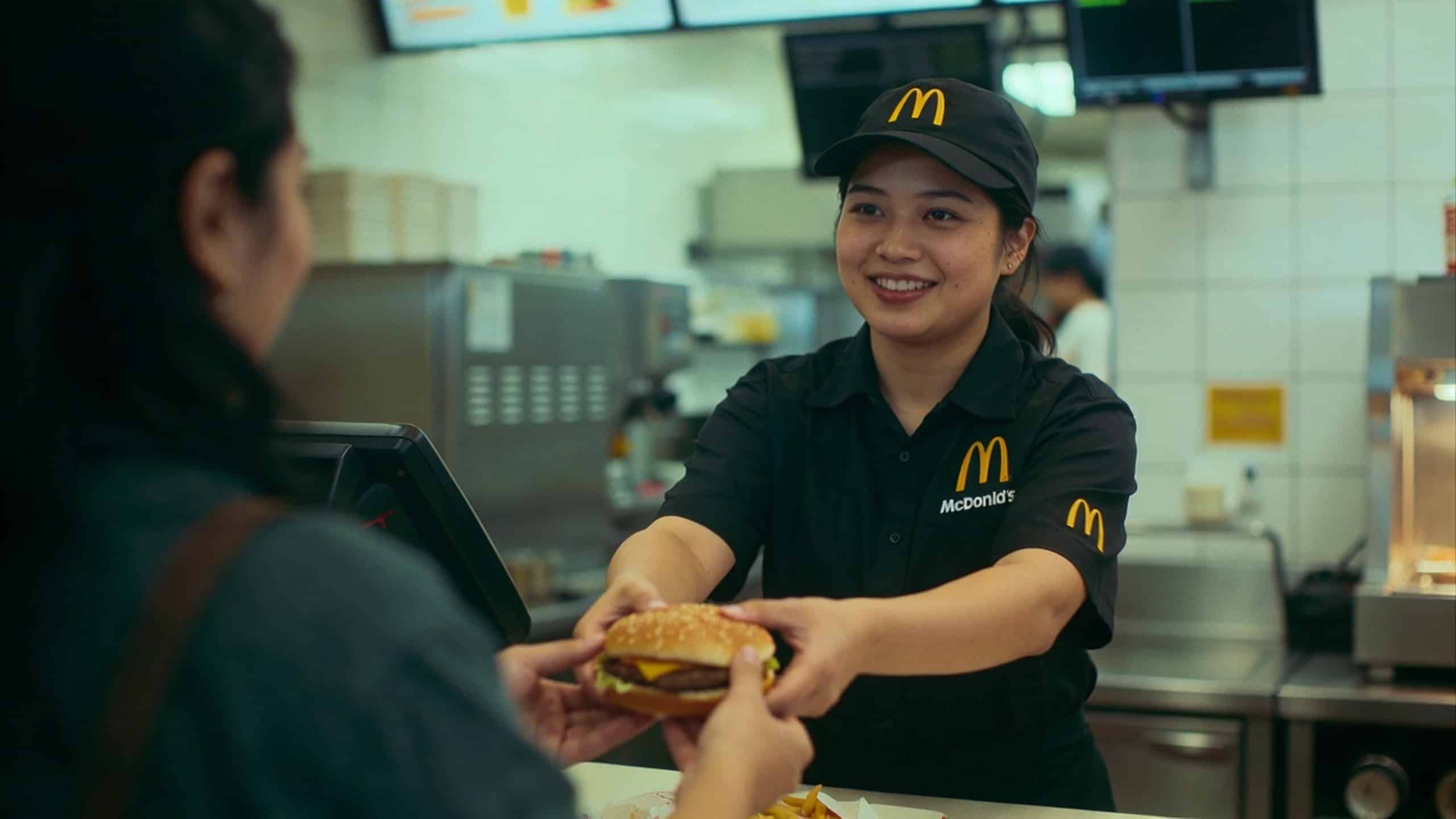 Etudiant en uniforme McDo servant un burger au comptoir
