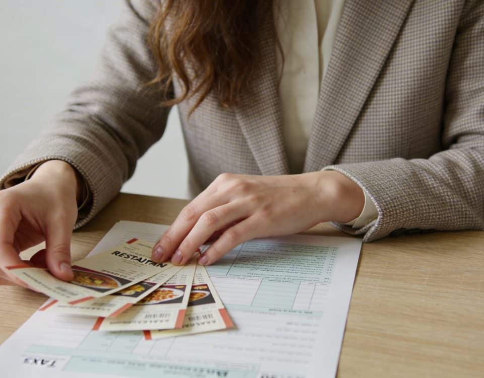 Femme assise a un bureau triant des tickets restaurant devant un formulaire fiscal