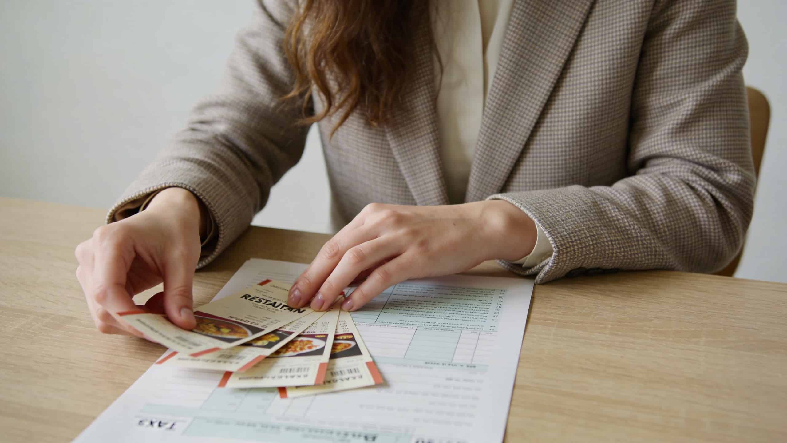 Femme assise a un bureau triant des tickets restaurant devant un formulaire fiscal