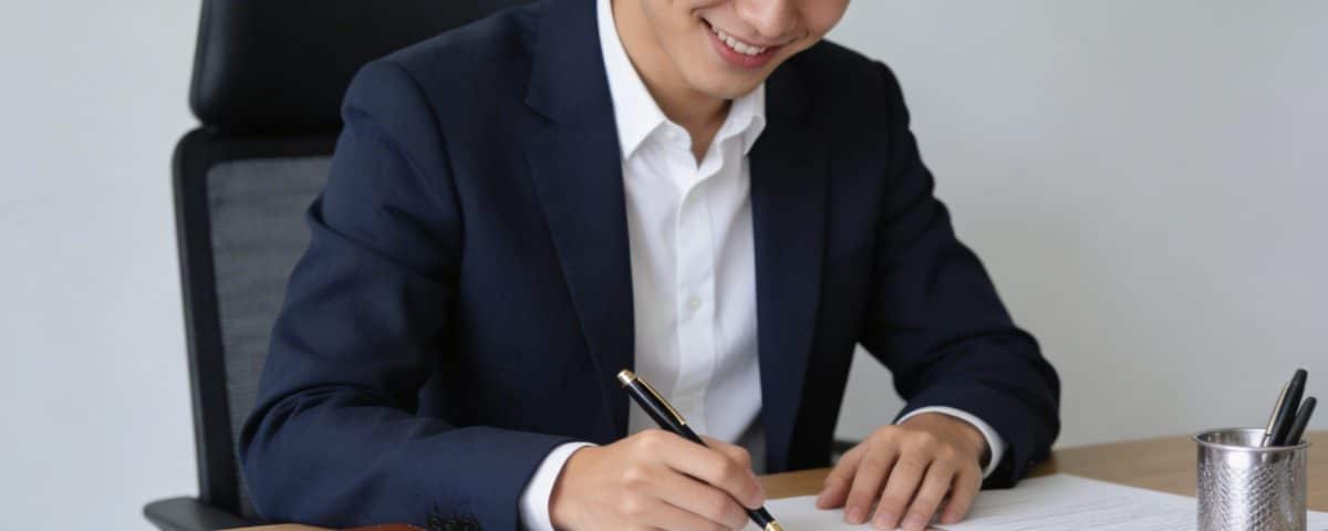 jeune entrepreneur souriant signant des documents au bureau