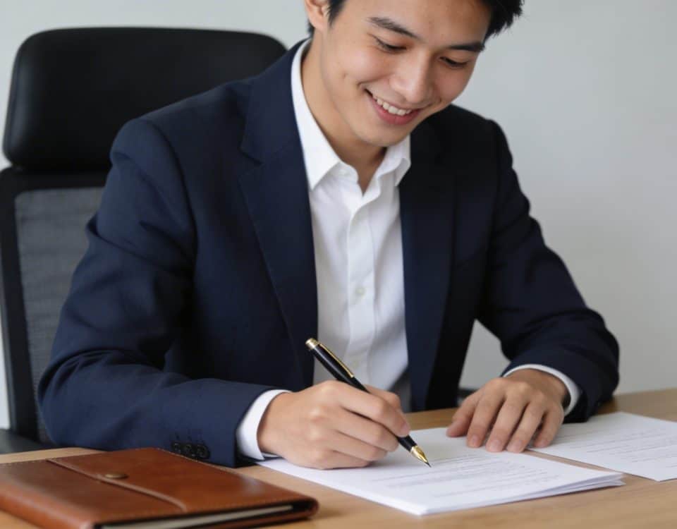 jeune entrepreneur souriant signant des documents au bureau