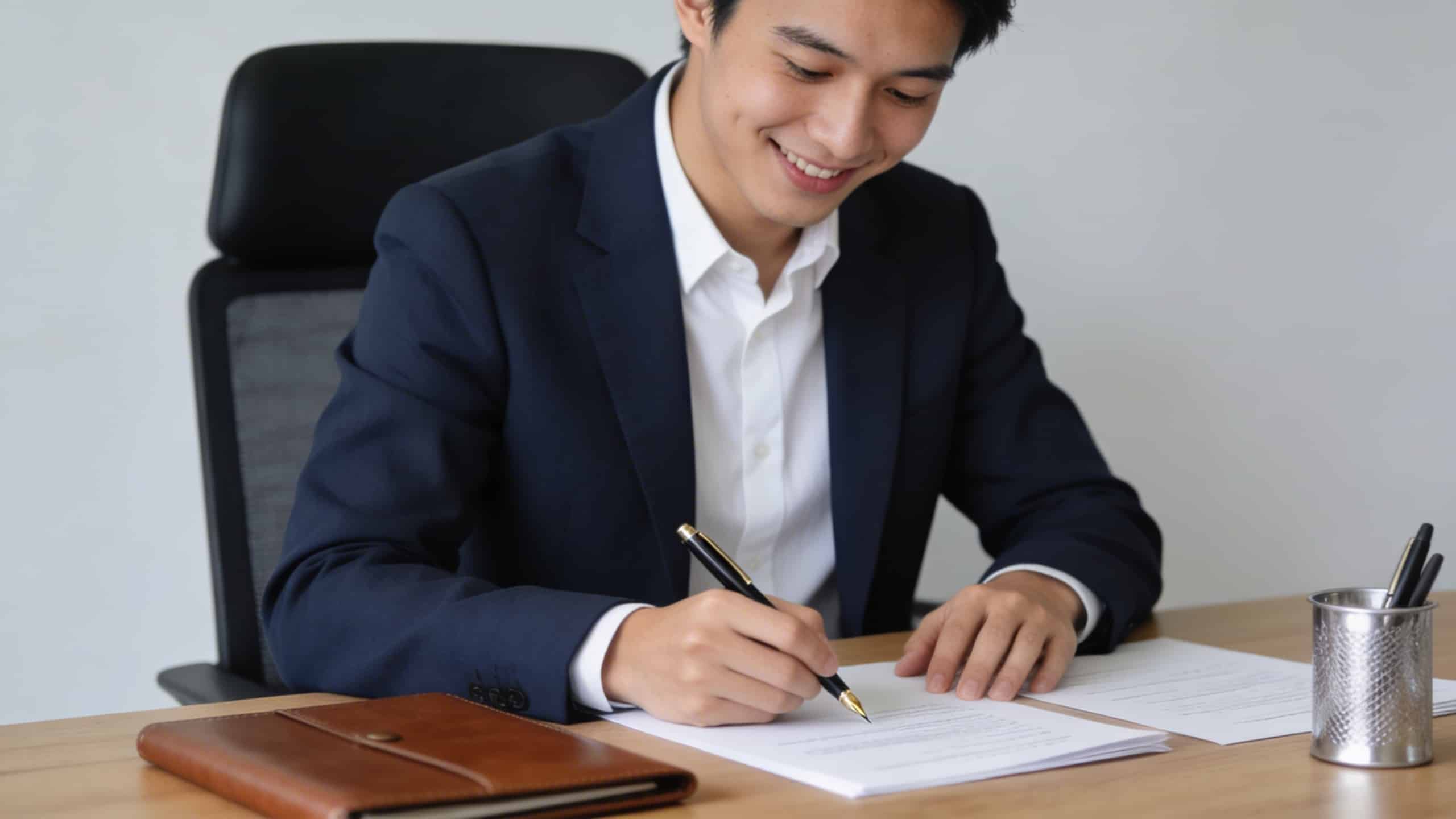 jeune entrepreneur souriant signant des documents au bureau