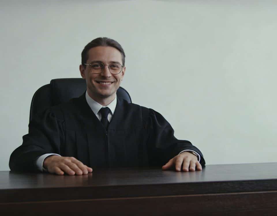 Notaire souriant assis derriere bureau bois sombre