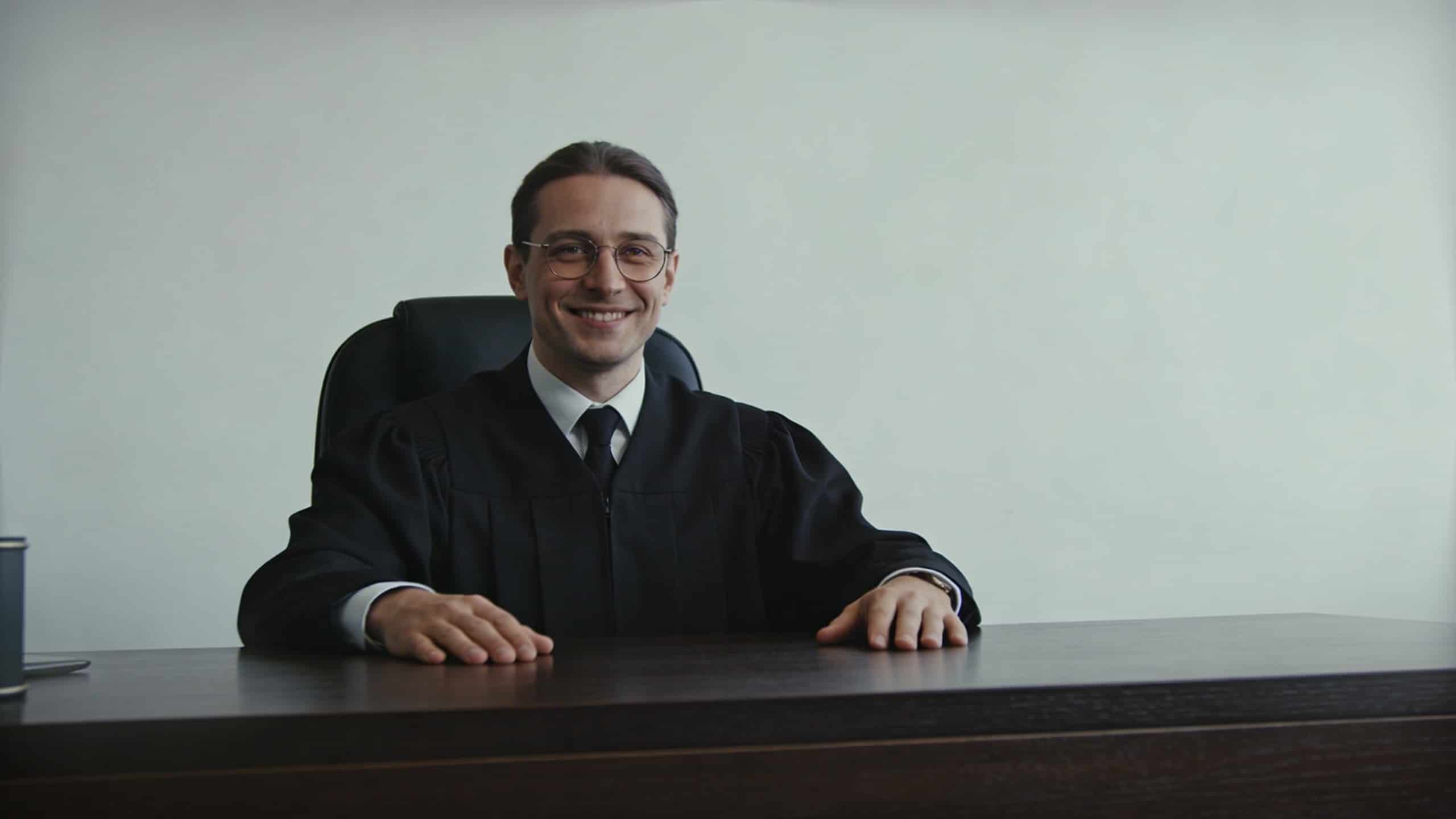 Notaire souriant assis derriere bureau bois sombre