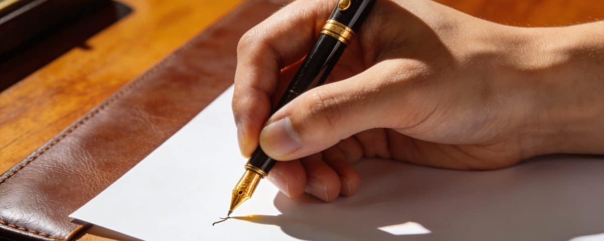 Personne ecrivant a la main un testament sur feuille blanche sur bureau