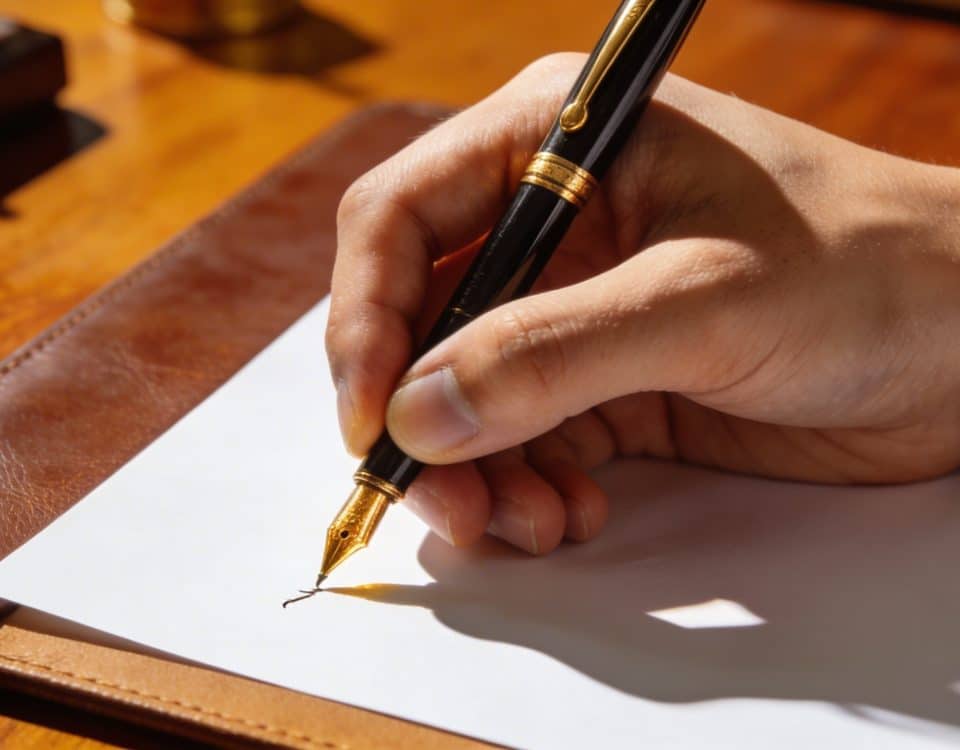 Personne ecrivant a la main un testament sur feuille blanche sur bureau