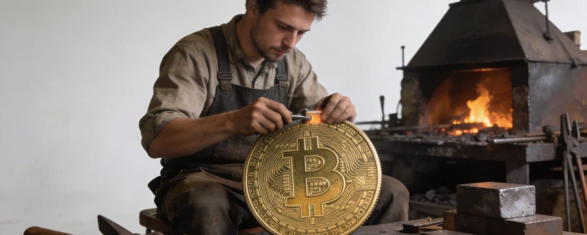 main artisan assis forgeant une piece bitcoin