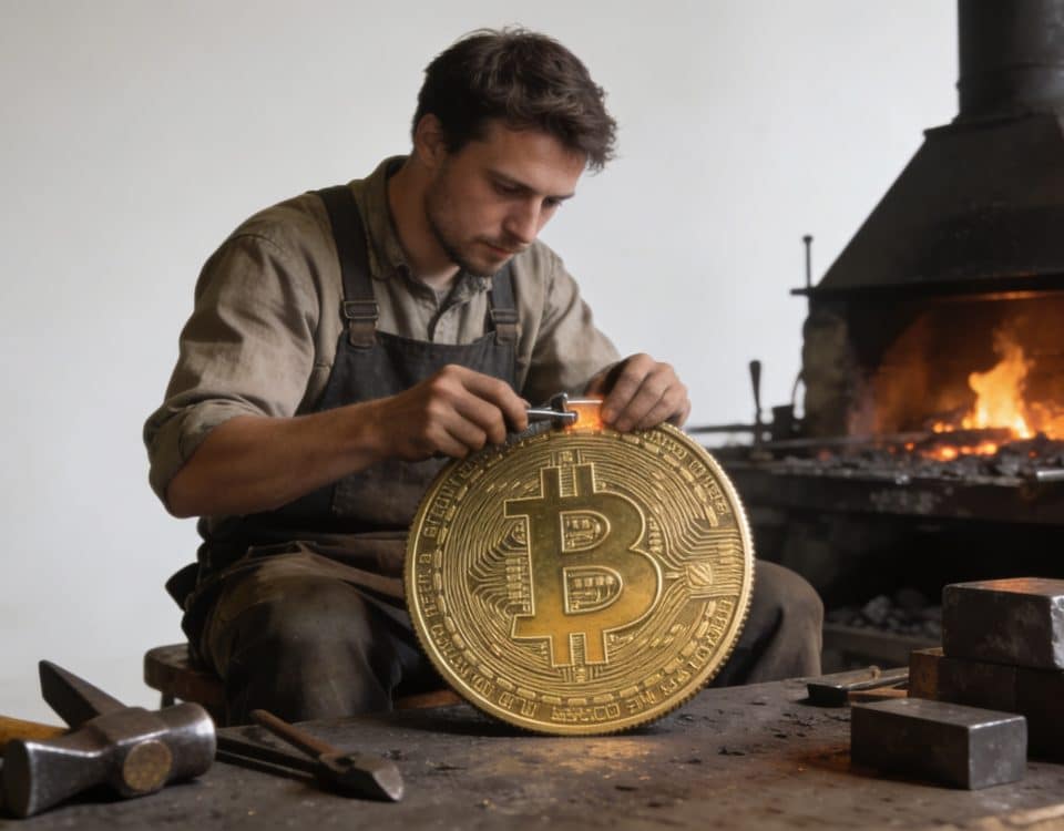 main artisan assis forgeant une piece bitcoin