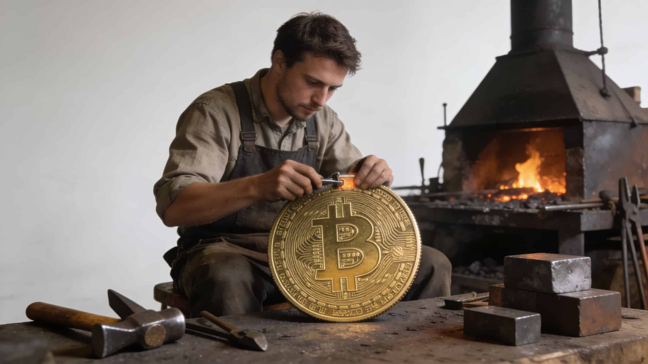 main artisan assis forgeant une piece bitcoin