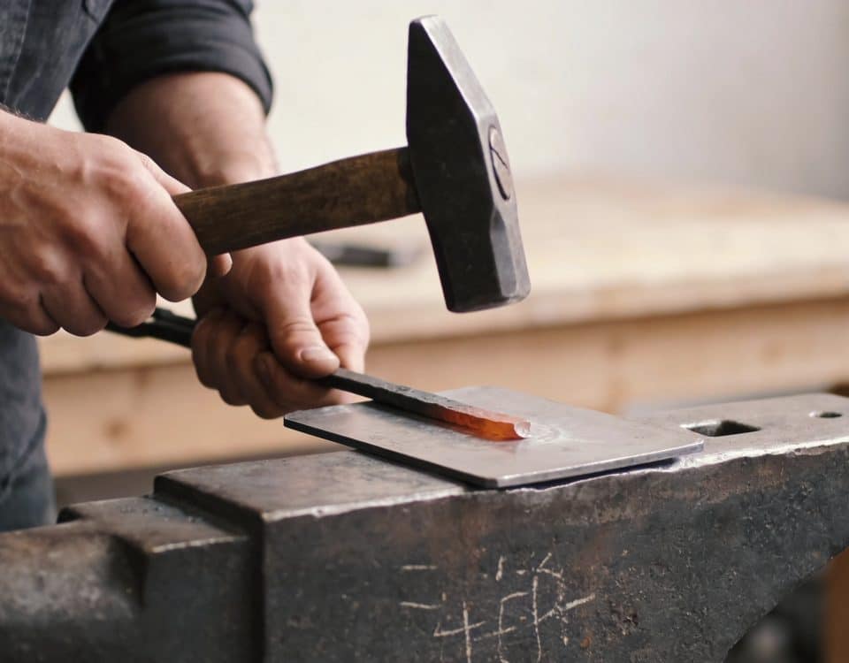 artisan martelant une plaque de metal sur enclume