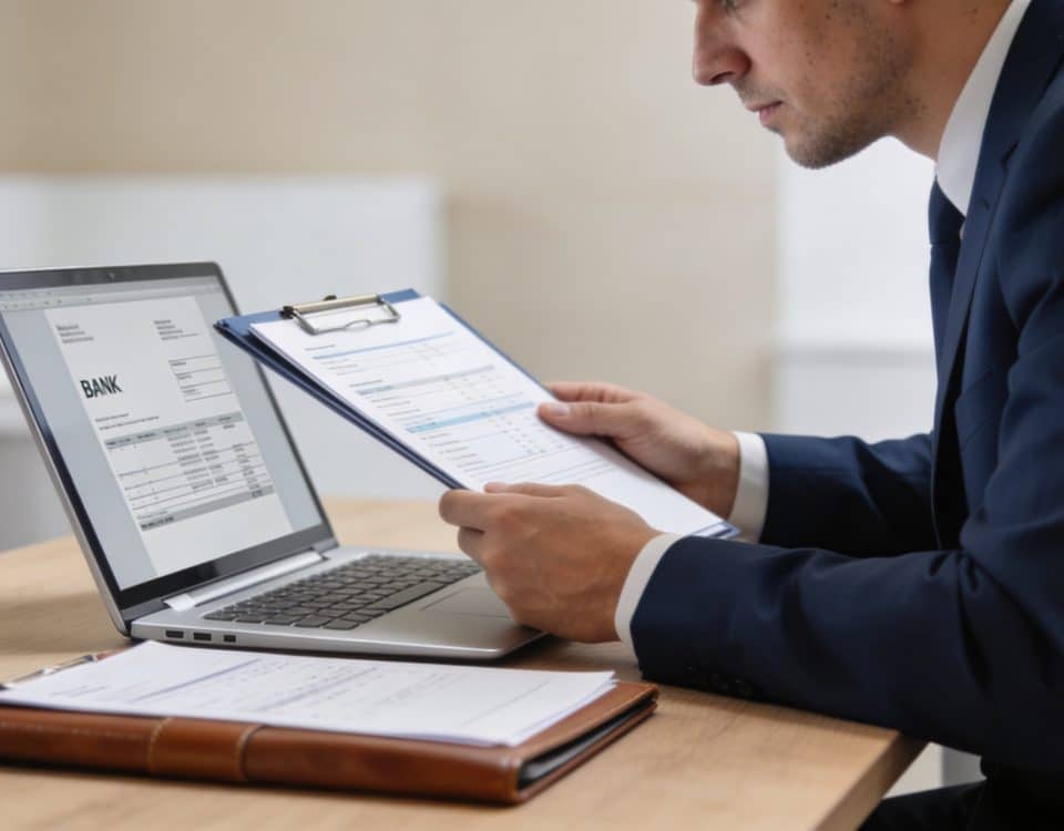 conseiller bancaire examine dossier client sur ordinateur