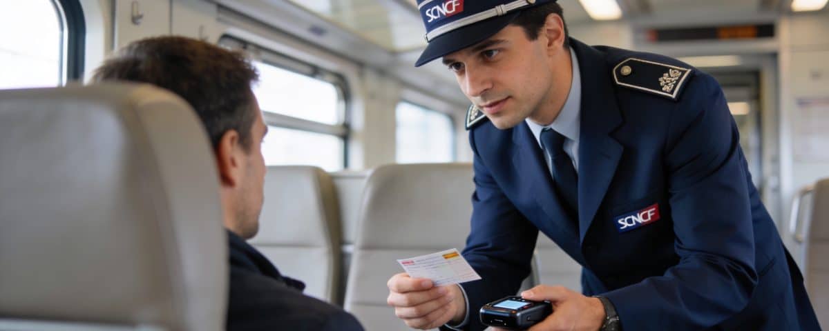 controleur sncf en uniforme verifiant billets dans train