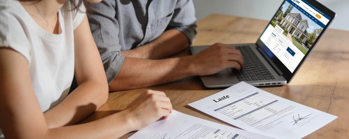 couple assis devant ordinateur examinant deux baux immobiliers