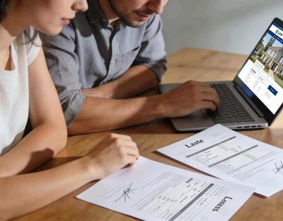 couple assis devant ordinateur examinant deux baux immobiliers
