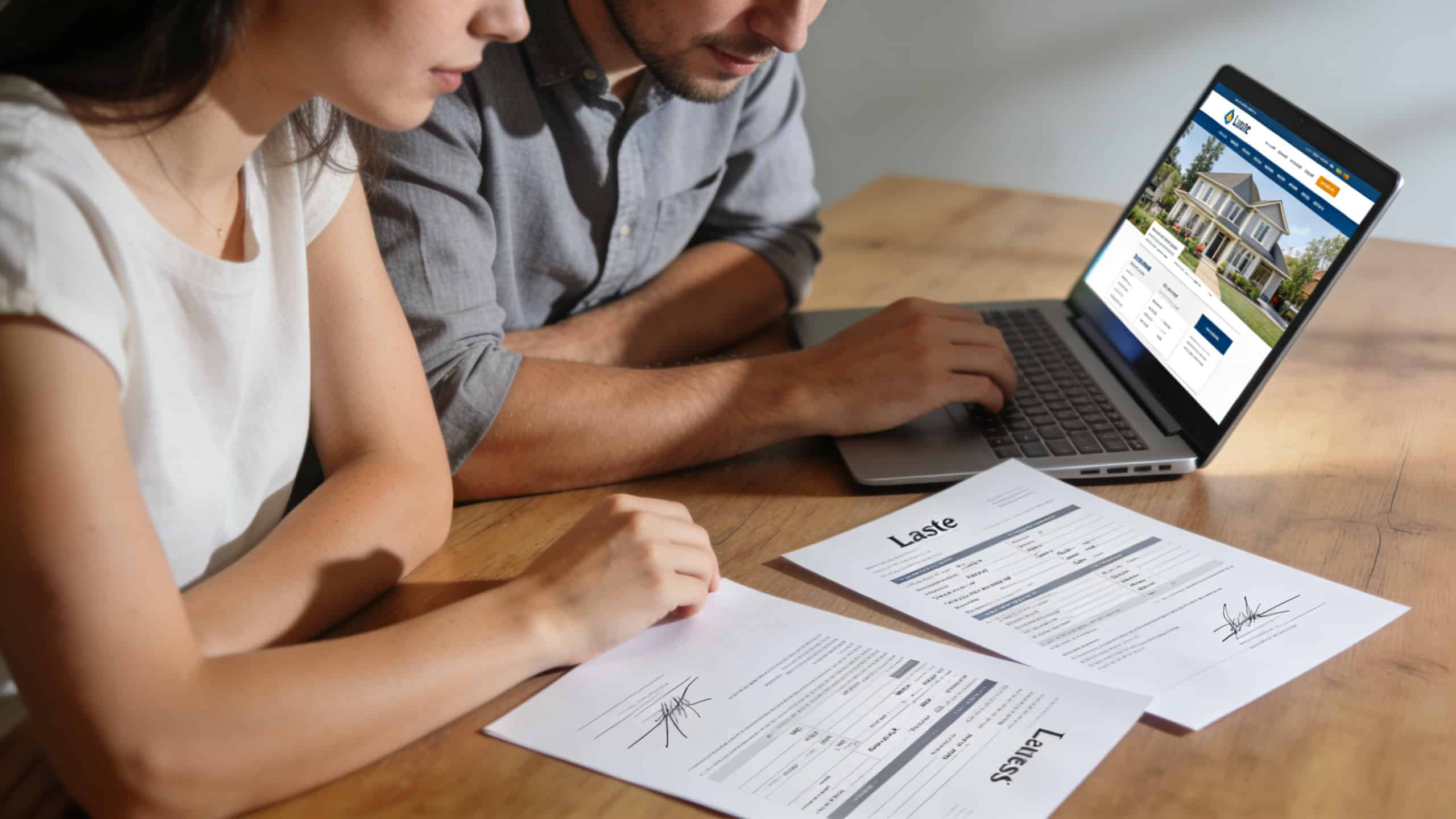 couple assis devant ordinateur examinant deux baux immobiliers