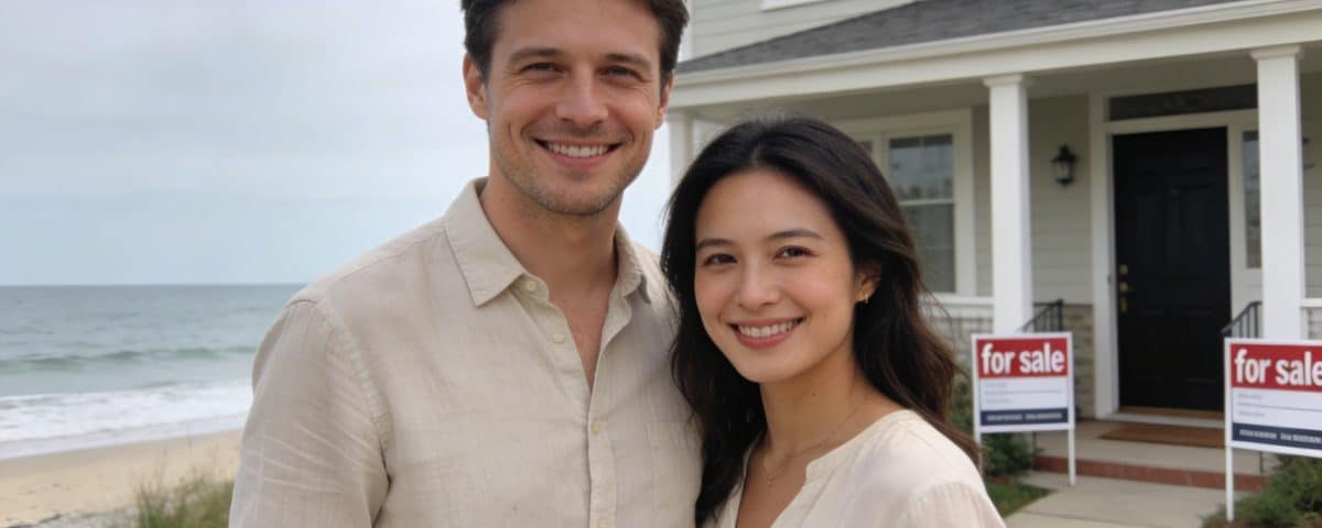 couple souriant devant residence balneaire panneaux a vendre