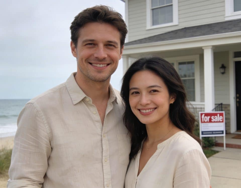 couple souriant devant residence balneaire panneaux a vendre