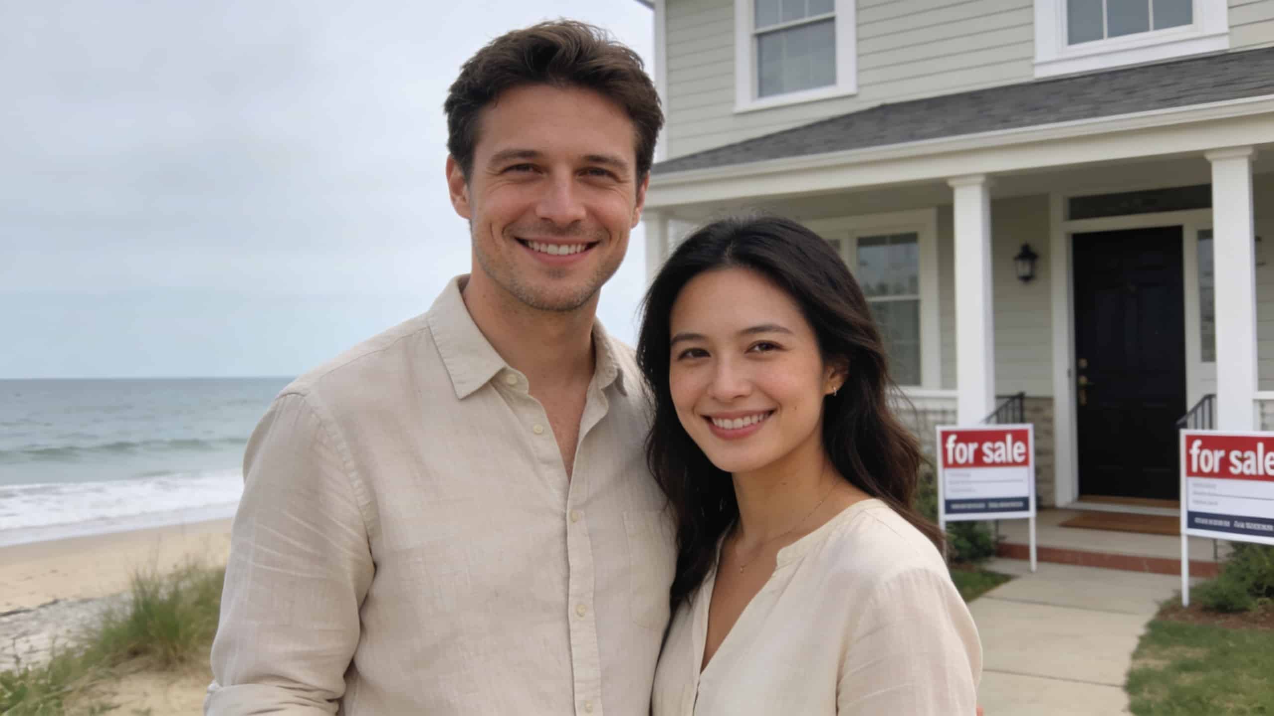 couple souriant devant residence balneaire panneaux a vendre