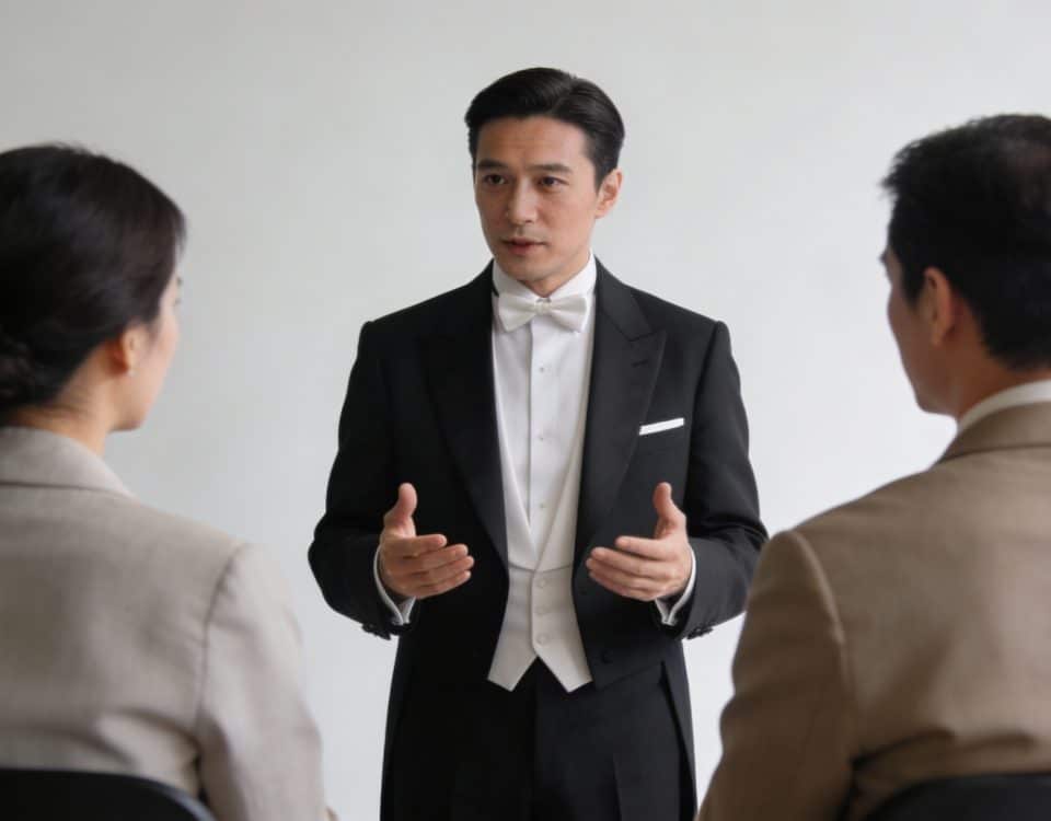 courtier en costume discutant frais avec clients assis