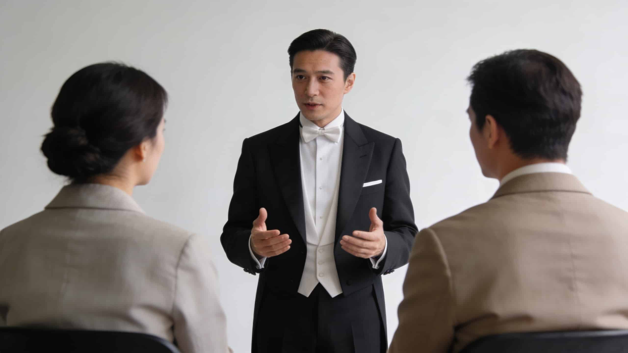courtier en costume discutant frais avec clients assis