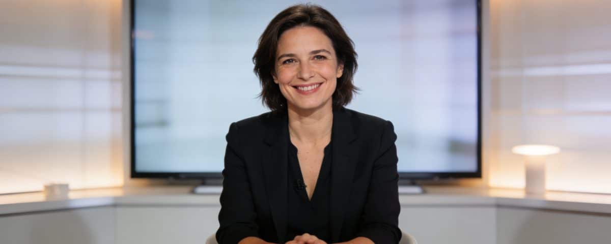 Evelyne Dheliat souriante assise devant bureau television