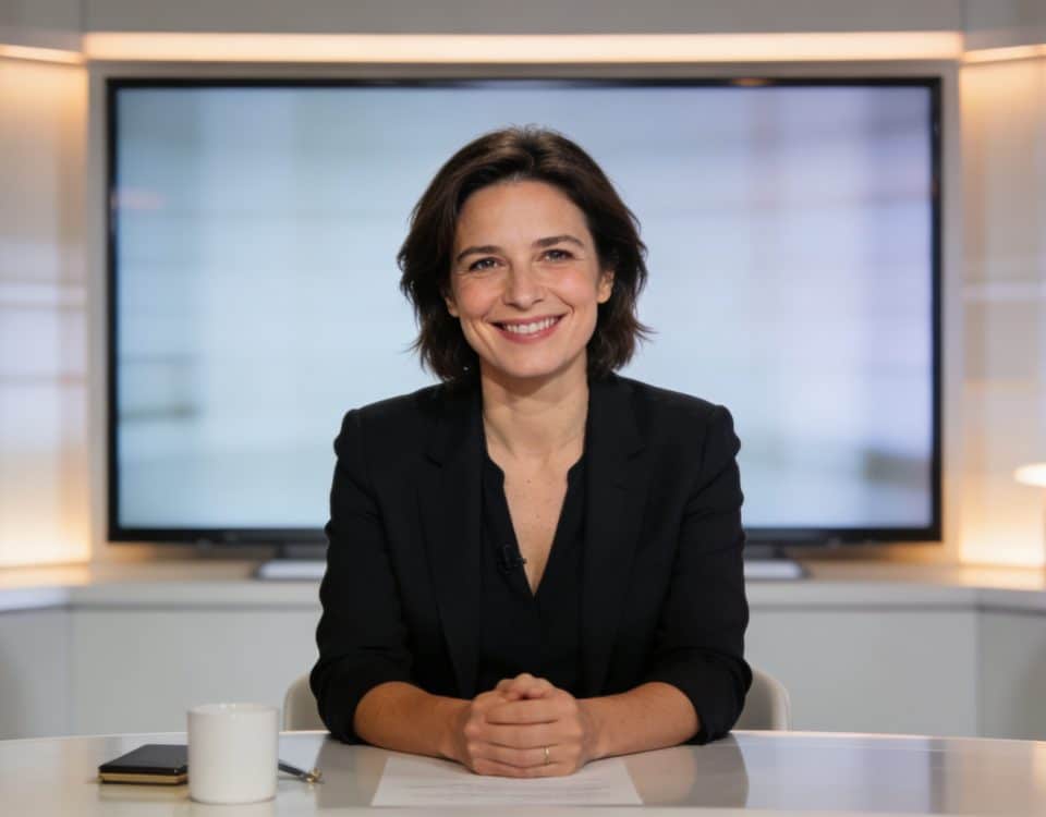 Evelyne Dheliat souriante assise devant bureau television