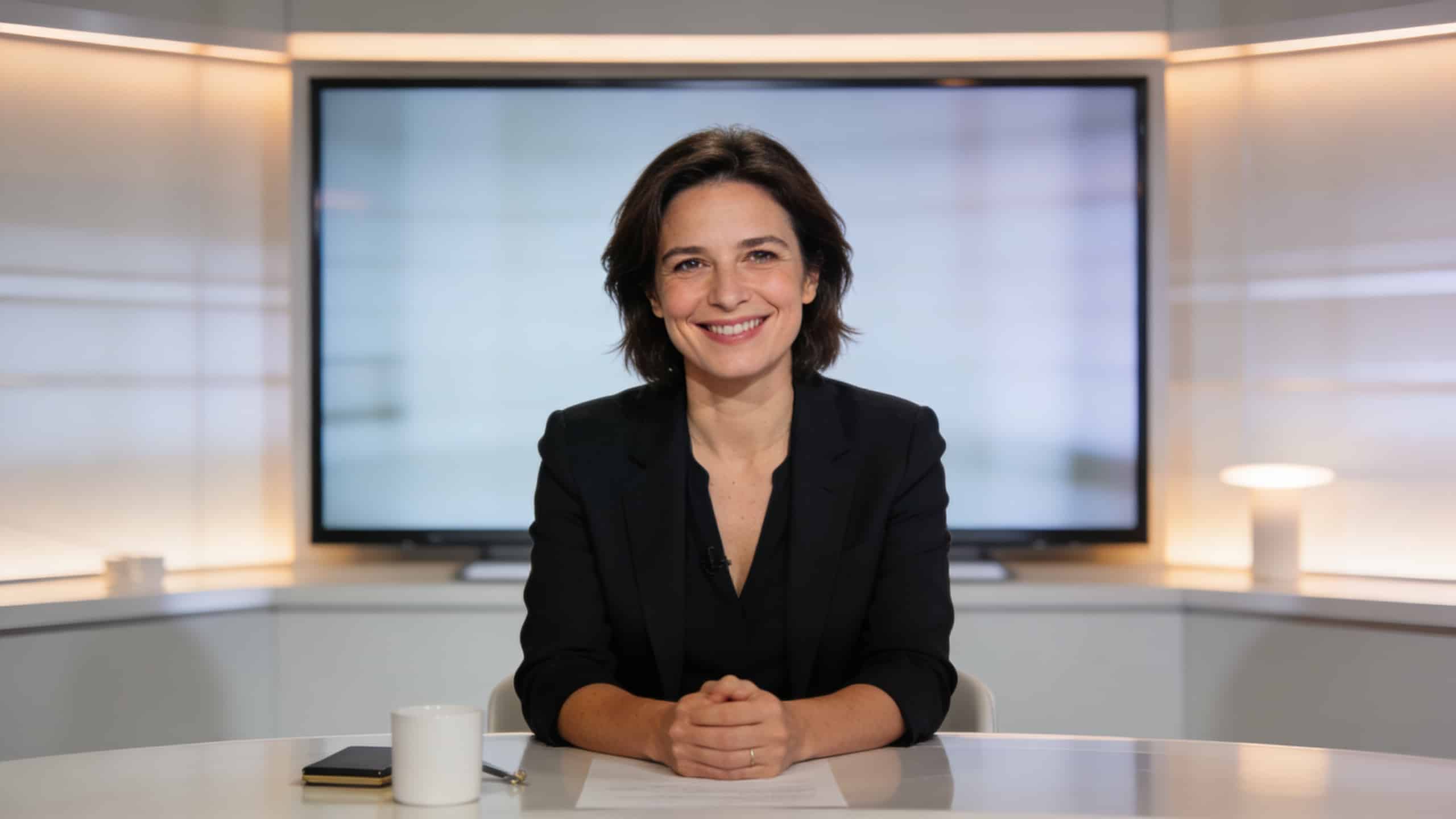 Evelyne Dheliat souriante assise devant bureau television