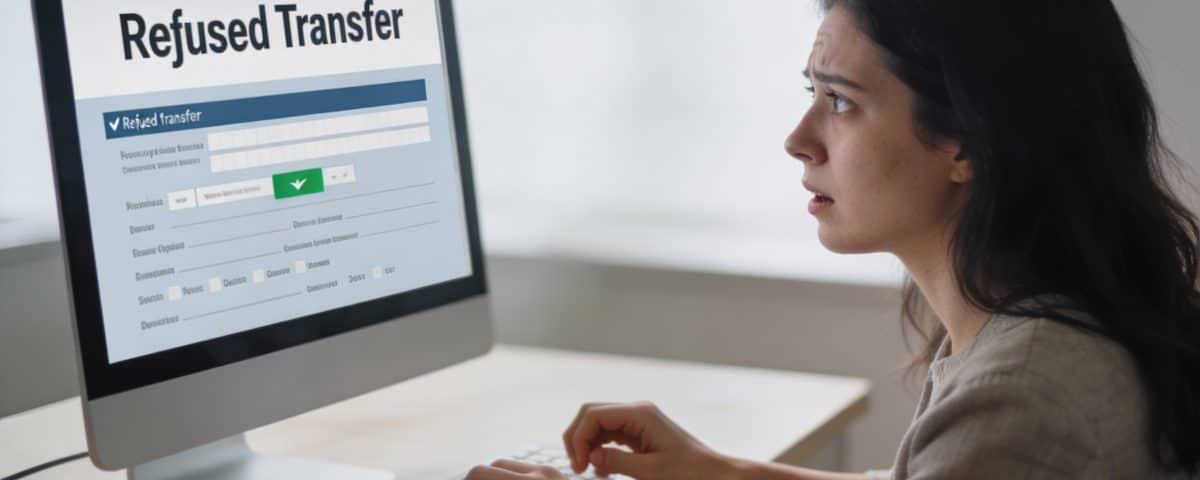 femme anxieuse devant ordinateur affichant virement refuse