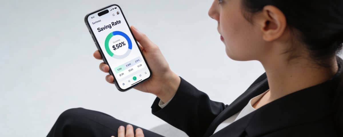 femme assise consultant le taux epargne sur son smartphone