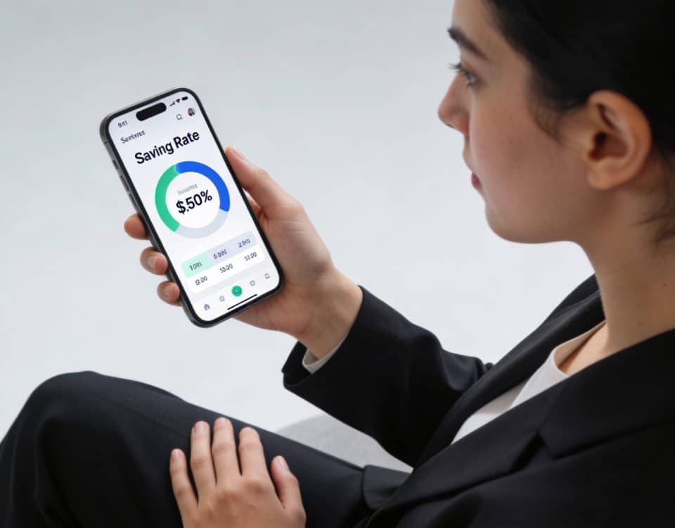 femme assise consultant le taux epargne sur son smartphone