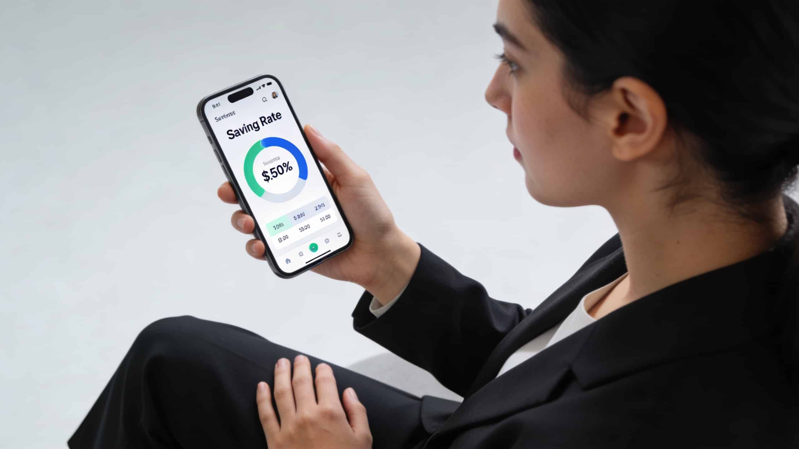 femme assise consultant le taux epargne sur son smartphone
