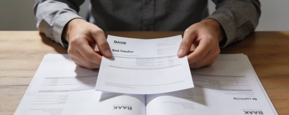 main posant un formulaire bancair entre deux comptes