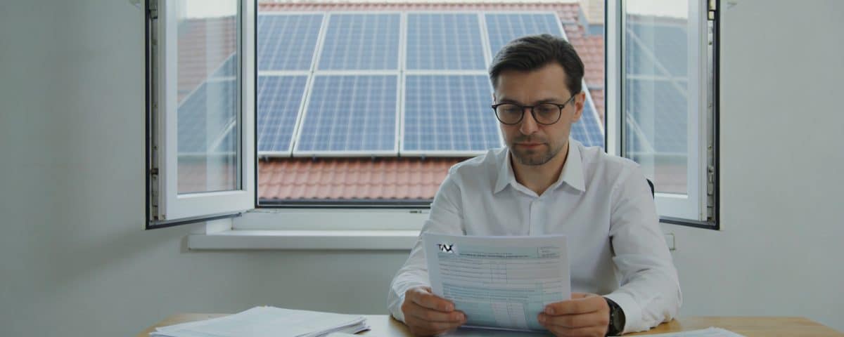 Homme assis bureau papiers fiscaux panneaux solaires toit