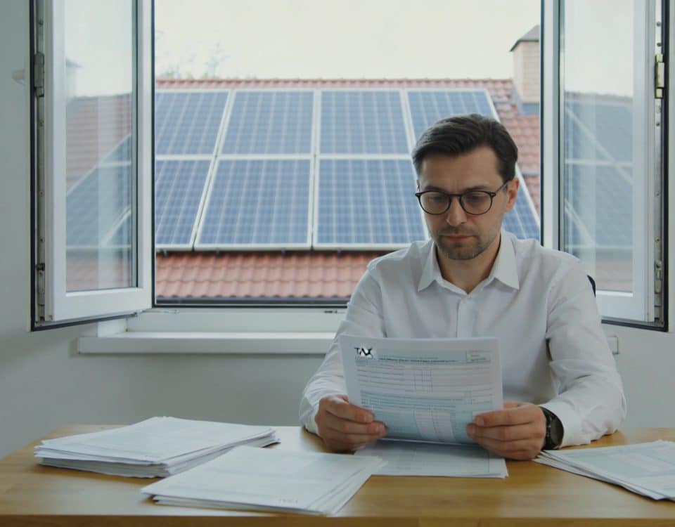 Homme assis bureau papiers fiscaux panneaux solaires toit