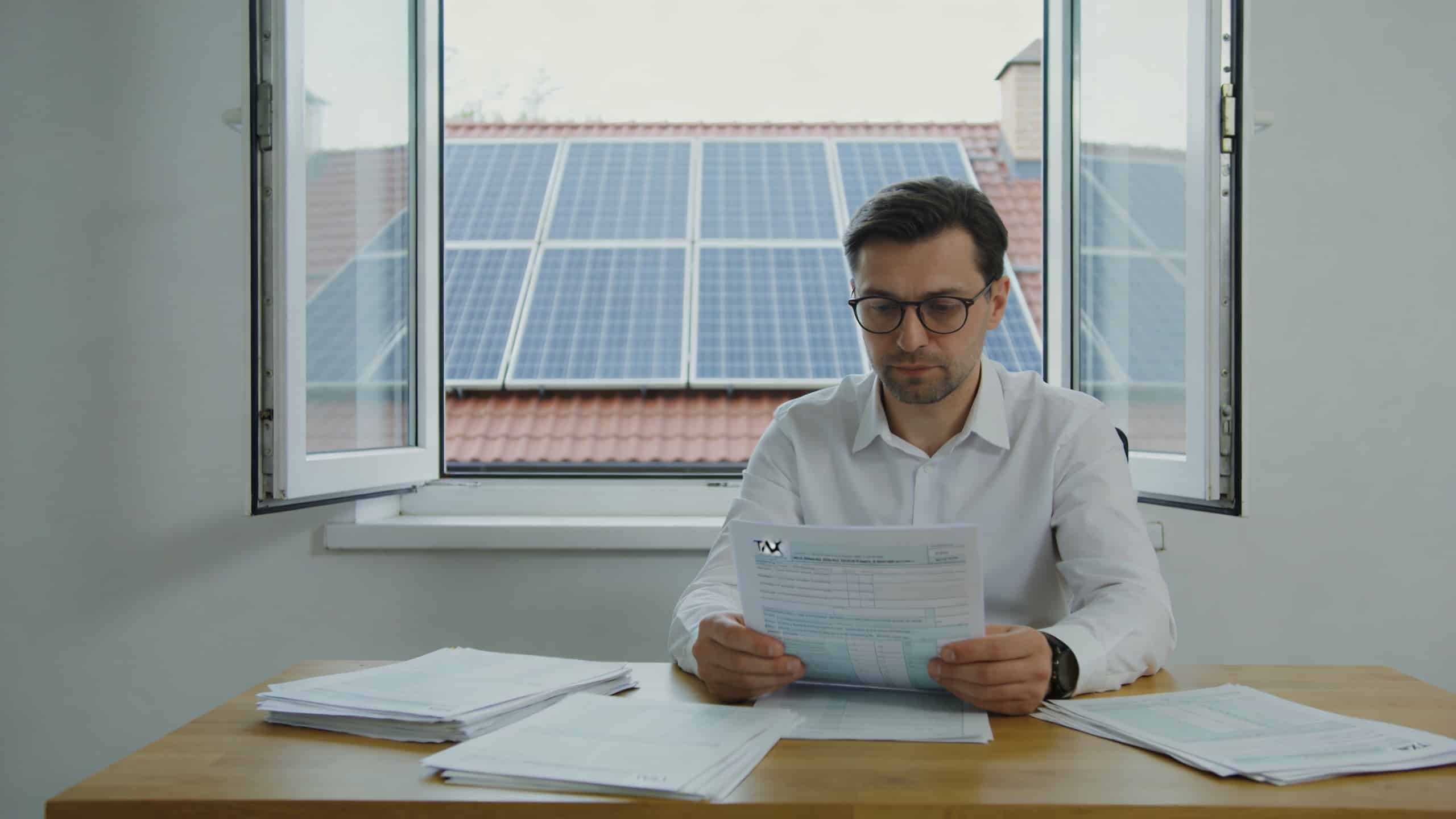 Homme assis bureau papiers fiscaux panneaux solaires toit