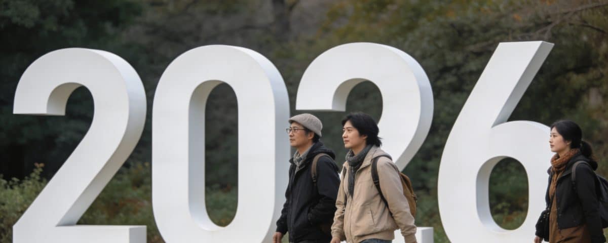 touristes marchant devant un grand panneau 2026