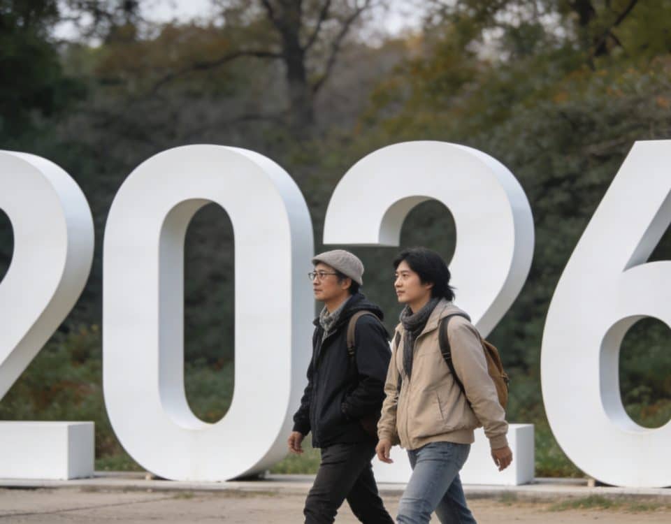 touristes marchant devant un grand panneau 2026