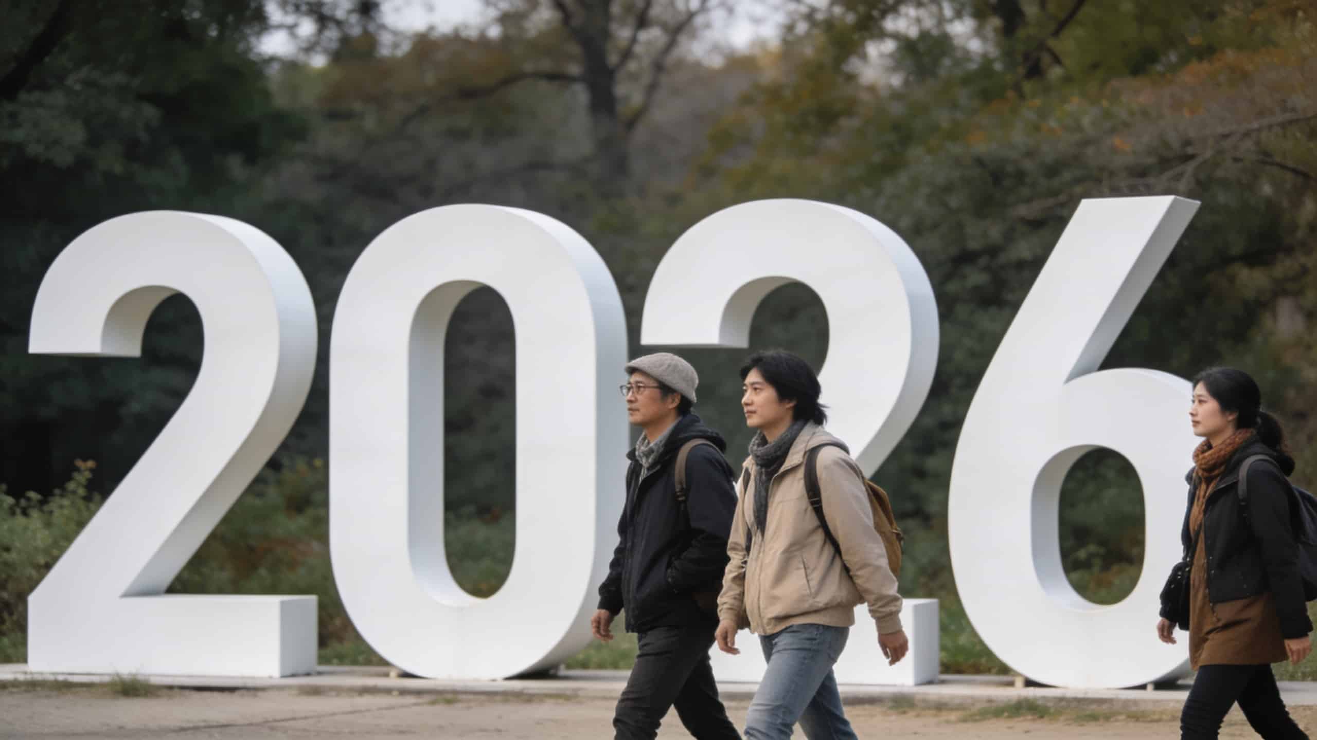 touristes marchant devant un grand panneau 2026