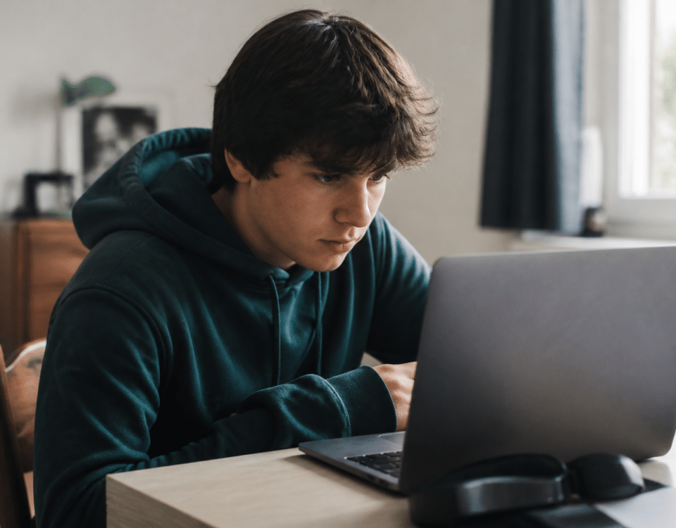 Adolescent assis a un bureau consultant son ordinateur portable