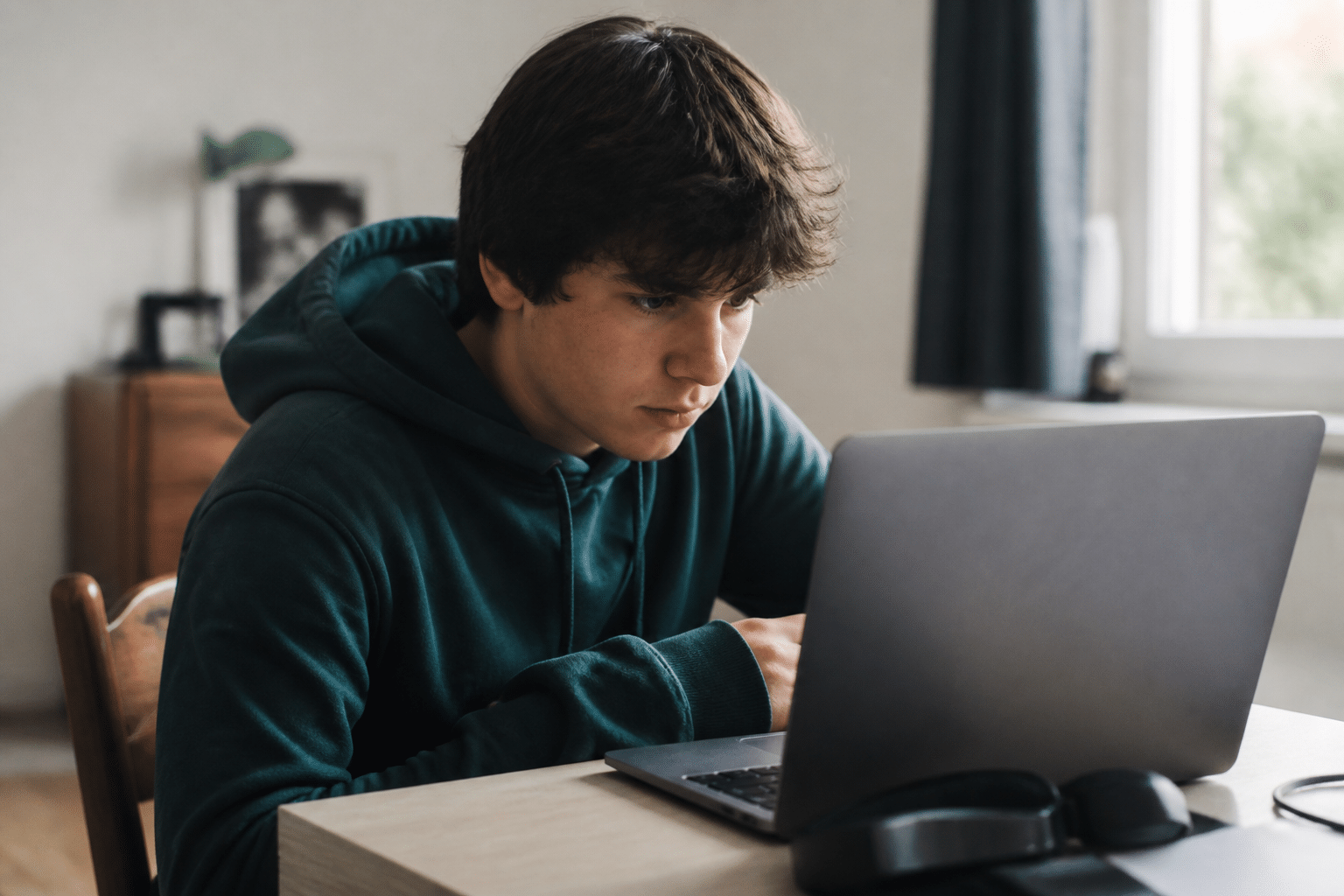 Adolescent assis a un bureau consultant son ordinateur portable