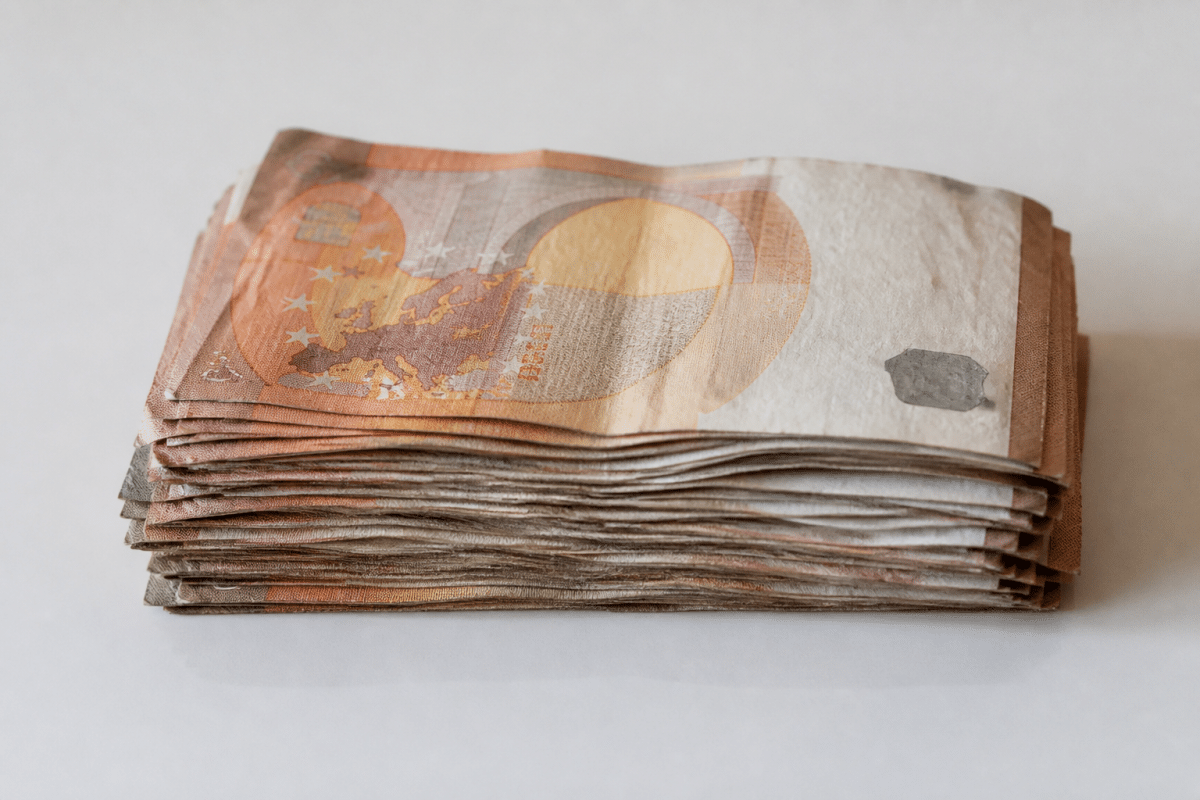 Anciens billets de cinquante euros empilés sur surface blanche