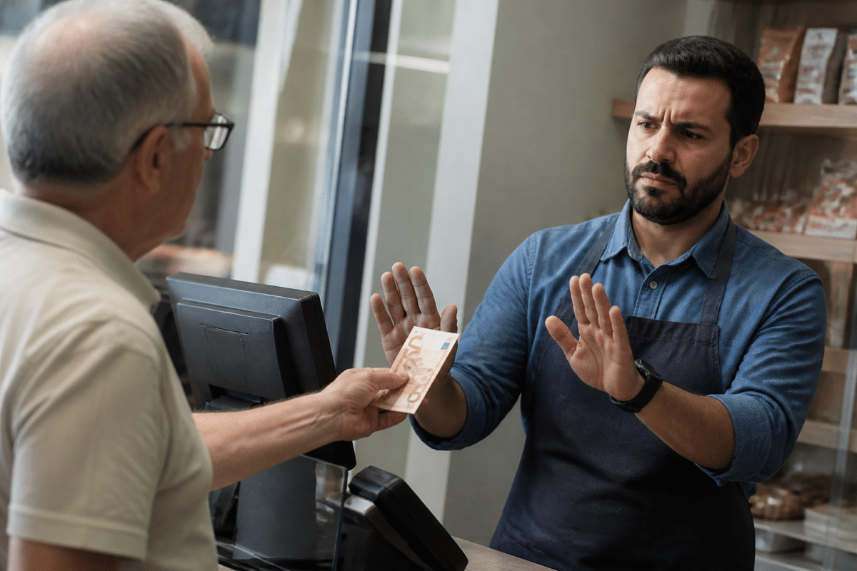 Caissier refusant billet cinquante euros devant client surpris
