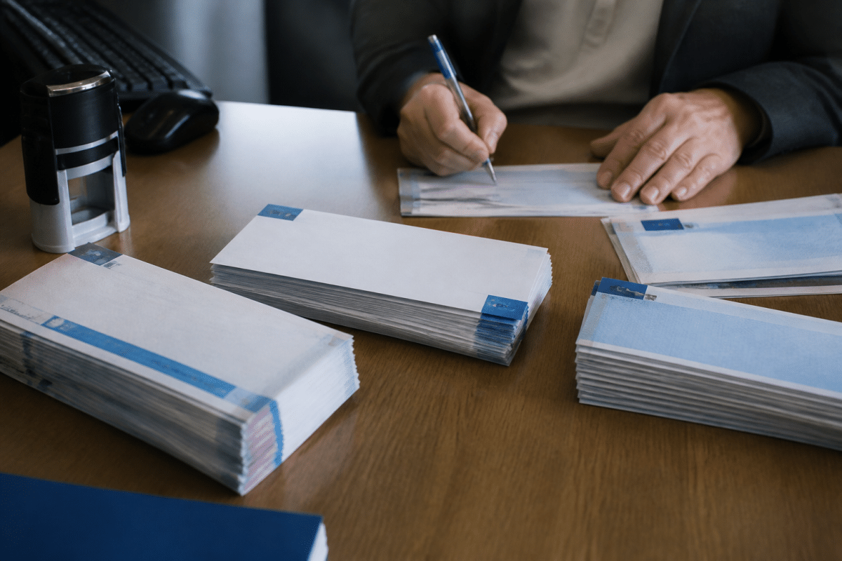 Cheques et calendrier d'encaissement sur bureau bancaire